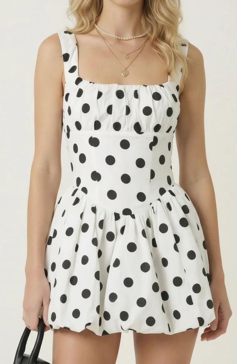 Modenaire Polka Dot Corset Drop Waist Mini Dress, Main, color, White / Black Polka Dot