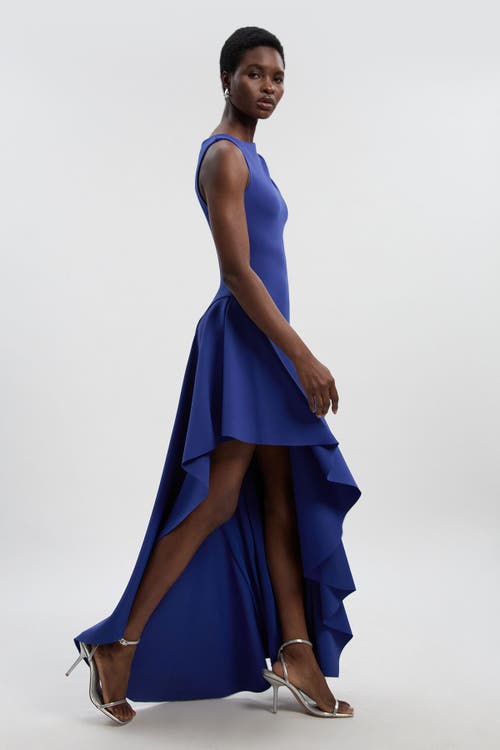 Karen Millen Scuba Drama Ruffle Hem Woven Maxi Dress In Blue