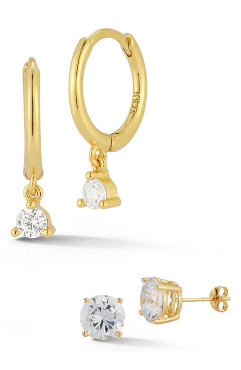 CZ Huggie Drop & Stud Earrings Set