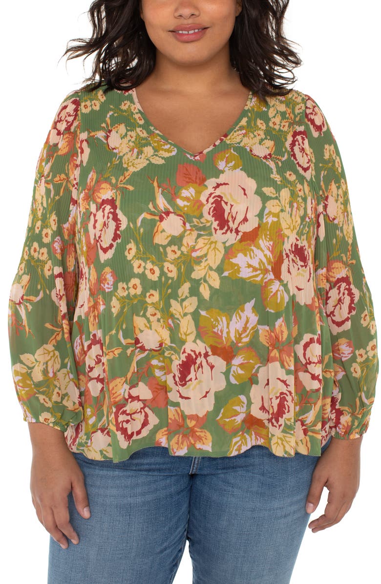Liverpool Los Angeles Long Sleeve Pleated V-Neck Top, Main, color, Green Multi Floral
