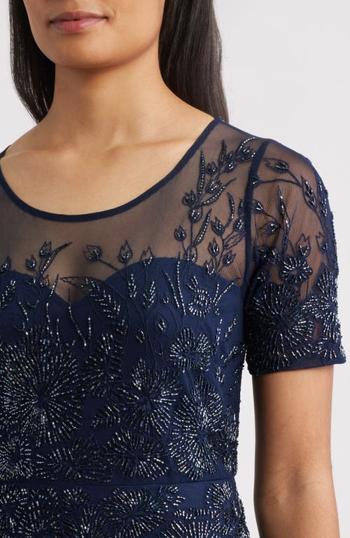 Pisarro Nights Embellished Illusion Neck Gown In Blue