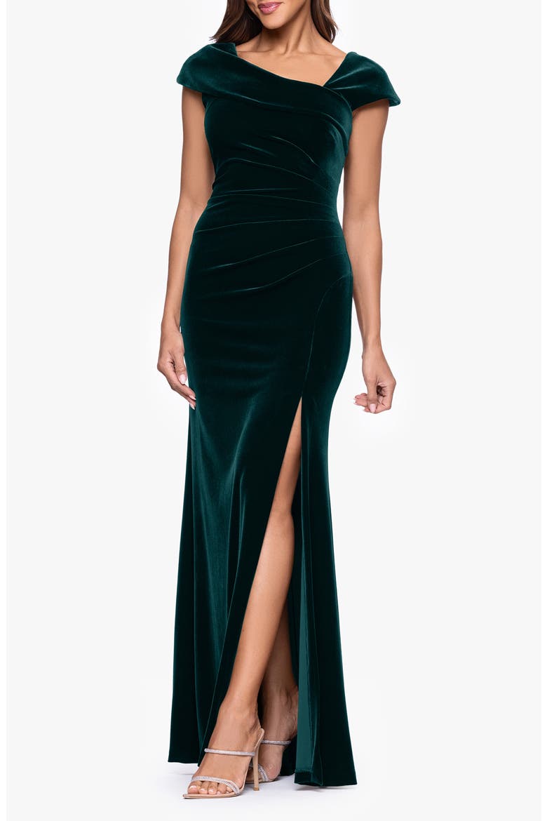 Asymmetric Neck Cap Sleeve Stretch Velvet Gown, Alternate, color, HUNTER