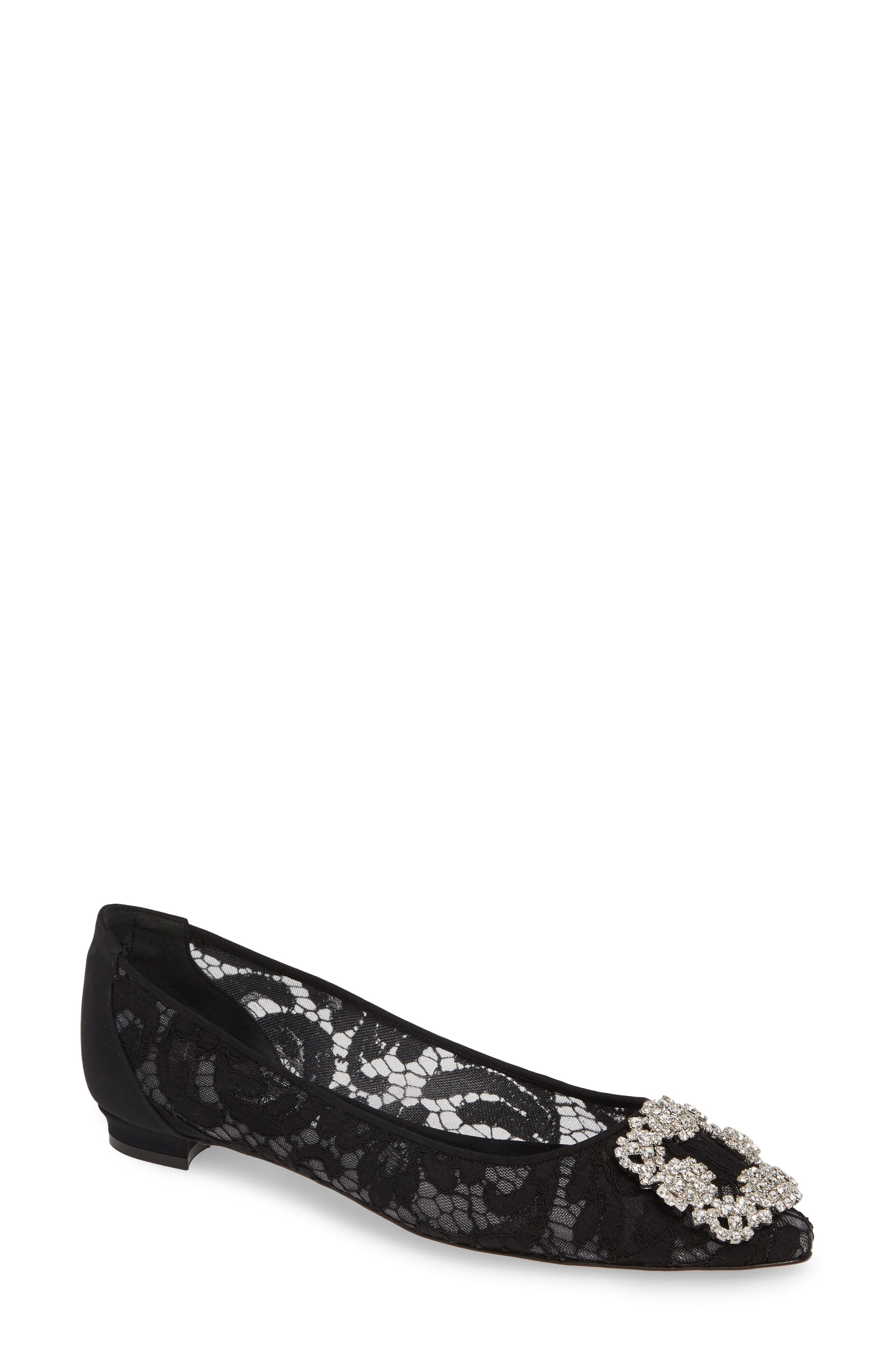 Manolo Blahnik 'Hangisilala' Jeweled Pointy Toe Lace Flat, Main, color, 