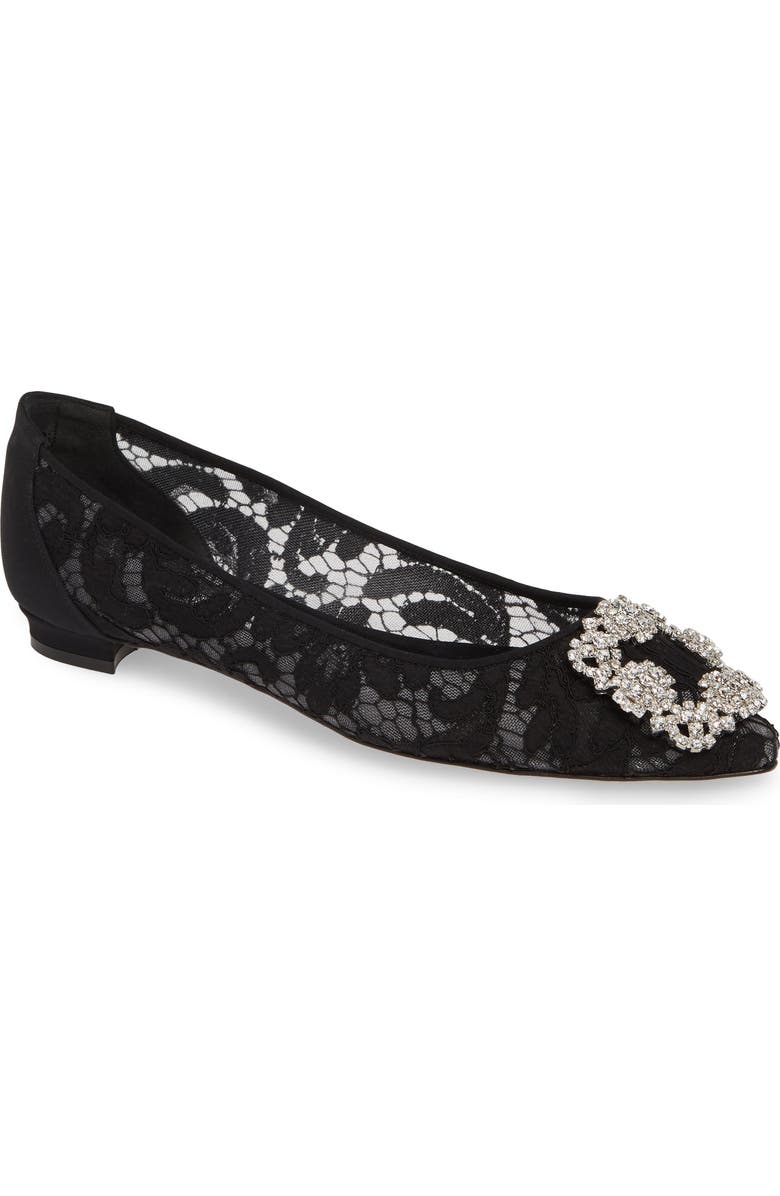 Manolo Blahnik 'Hangisilala' Jeweled Pointy Toe Lace Flat, Main, color,