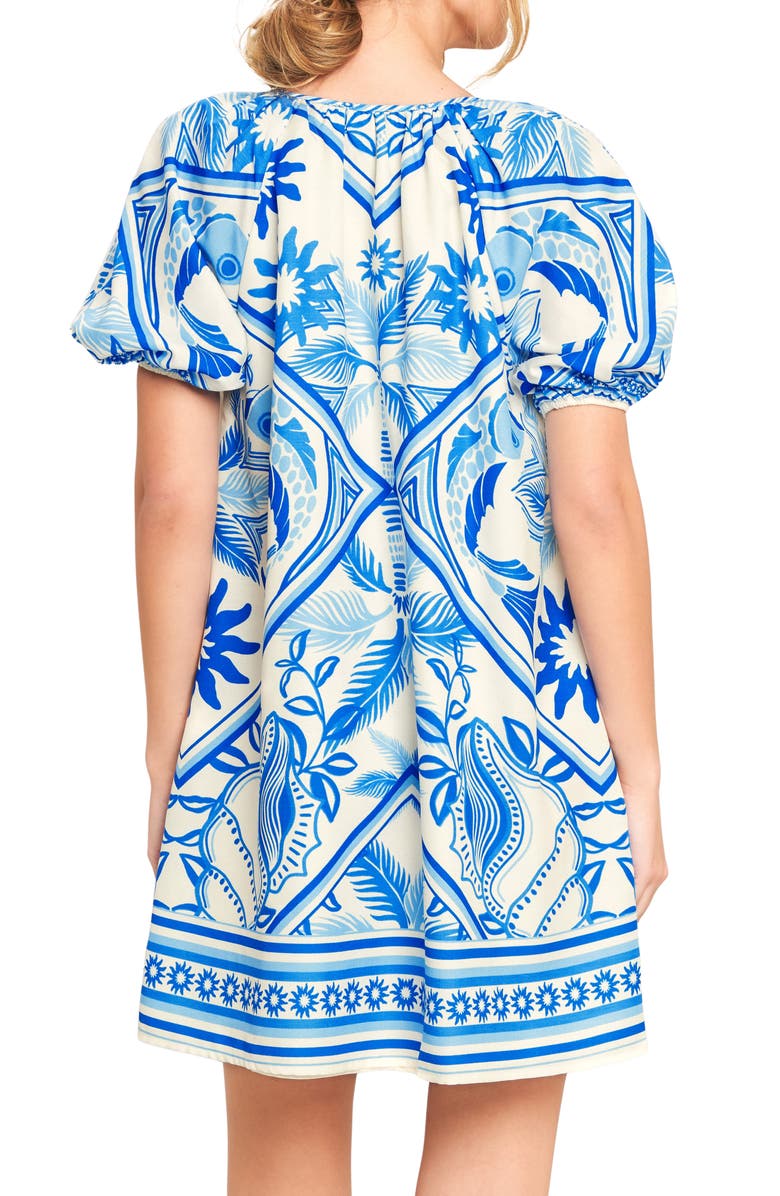 FLYING TOMATO Tie Keyhole Puff Sleeve Minidress, Alternate, color, Ivory Blue