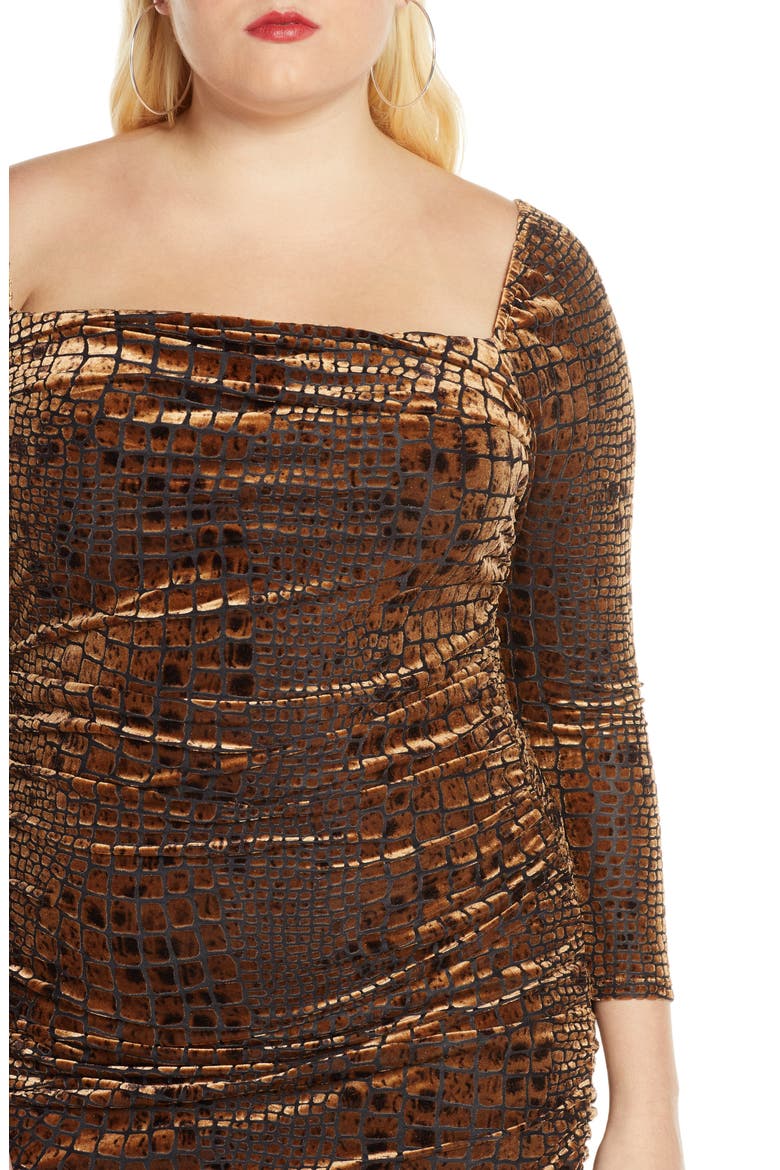 Long Sleeve Ruched Velour Minidress, Alternate, color, BROWN BEAR REPTILE BURNOUT