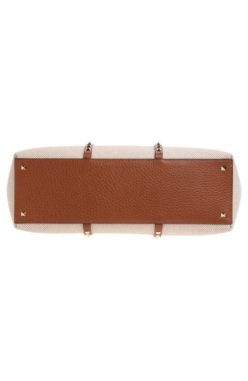 Shop Valentino Garavani Medium Rockstud Canvas Tote In Natural/tabacco