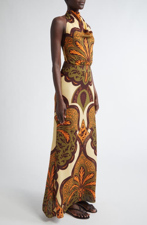 Shop Johanna Ortiz Finding Peace Silk Halter Maxi Dress In Palma Sevillana Ecru/olive