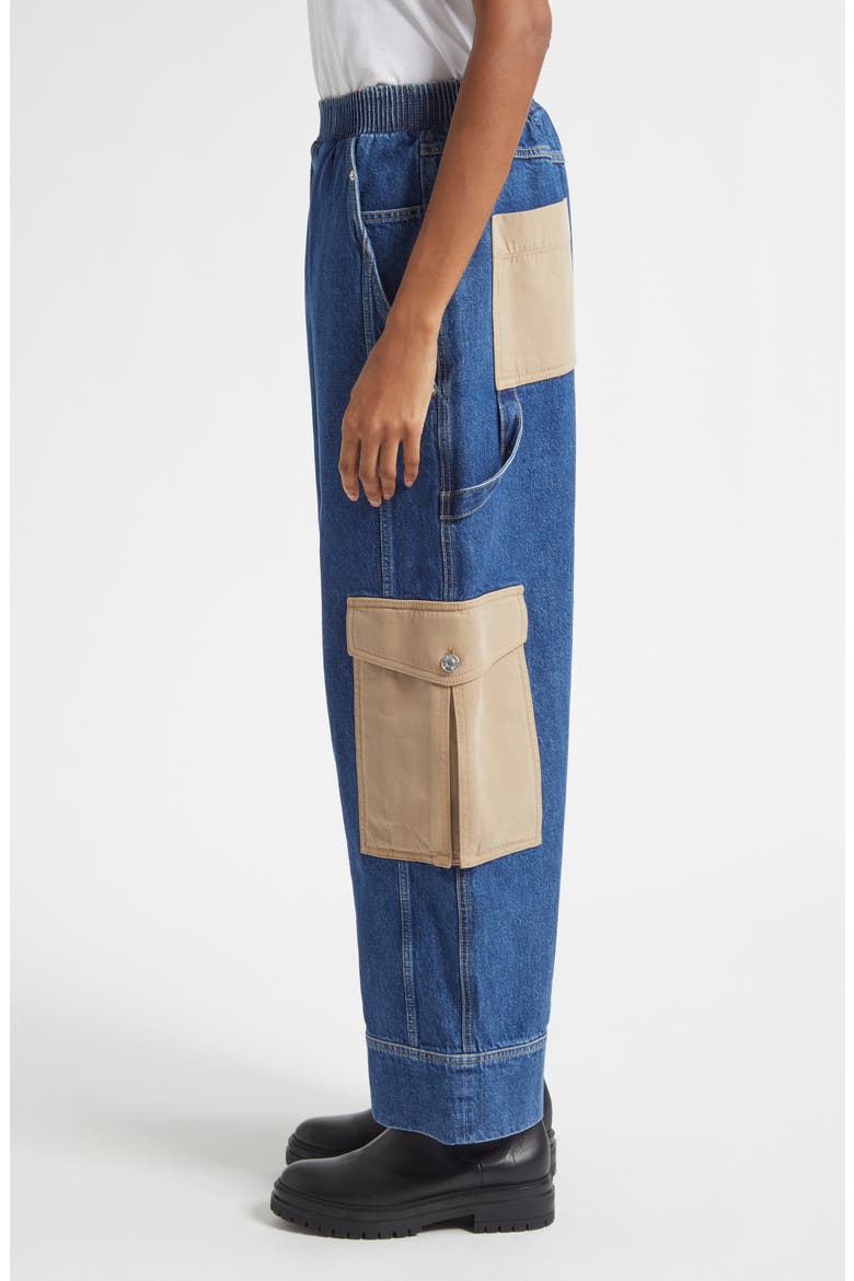 Patchwork Wide Leg Elastic Waist Cargo Jeans, Alternate, color, INDIGO MULTI