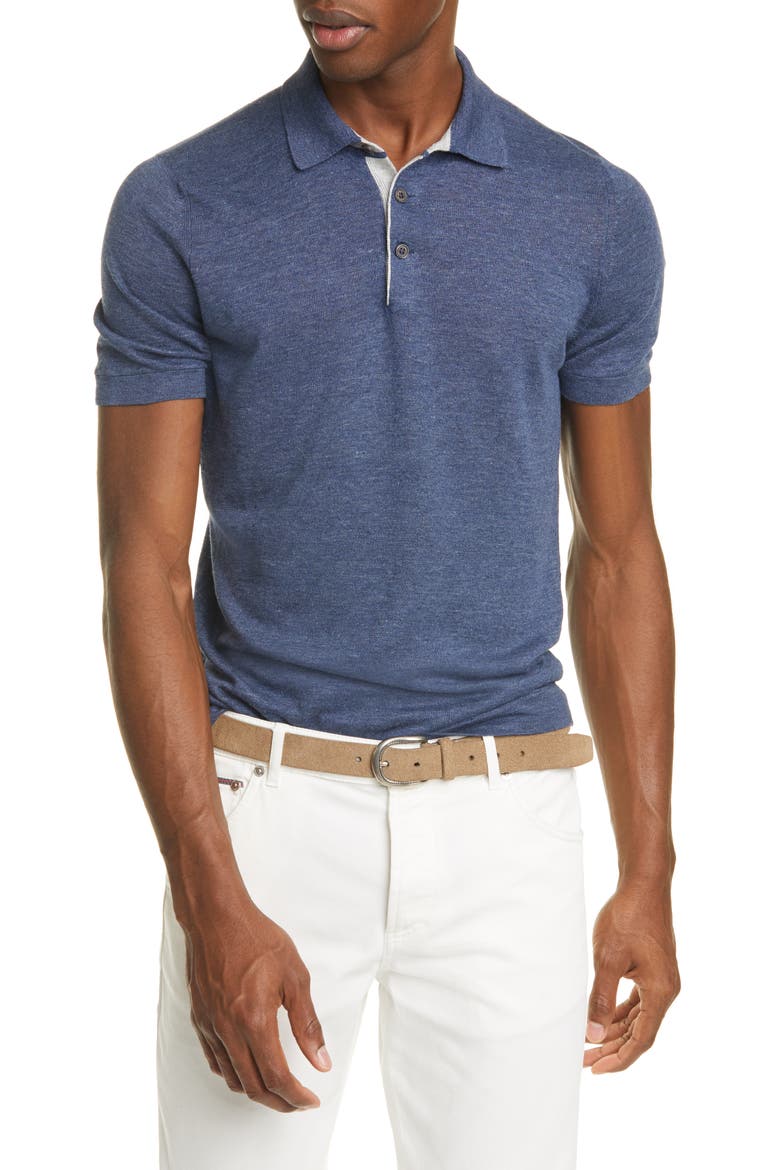 Linen & Cotton Polo Shirt, Main, color, BLUE