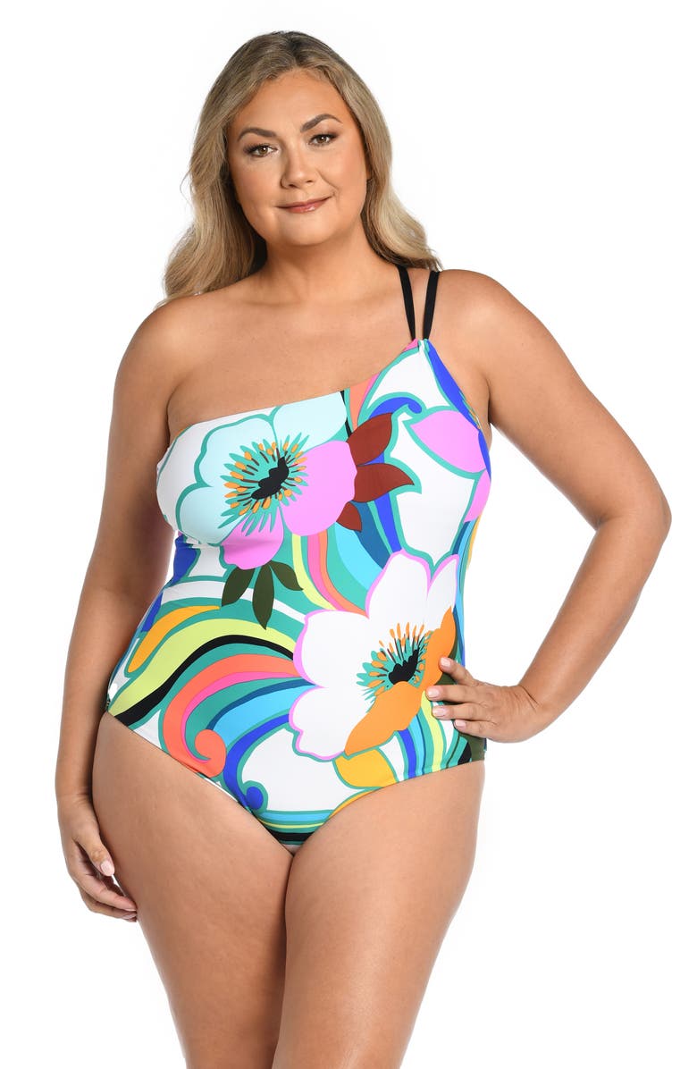 La Blanca Suncatcher One-Shoulder Lace-Up Back One-Piece Swimsuit, Alternate, color, White Floral Multi