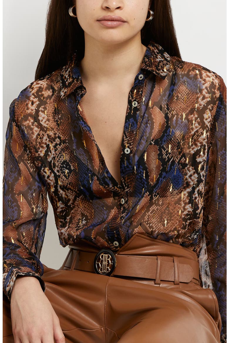 Snakeskin Print Chiffon Top, Alternate, color, BROWN