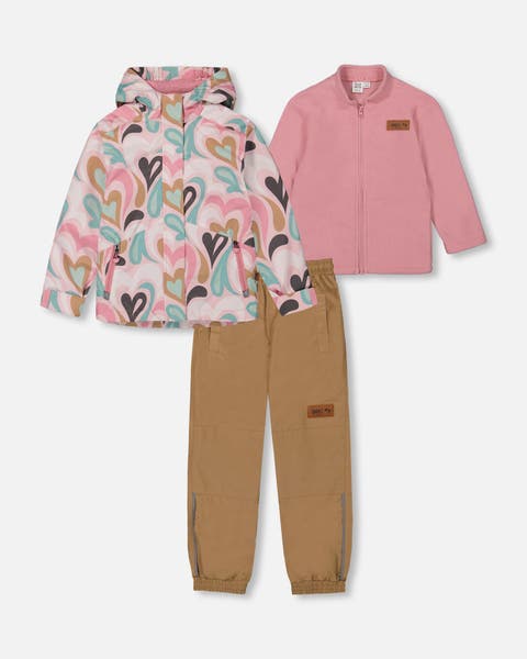 Baby Girl's 3-In-1 Mid-Season Outerwear Set With Printed Jacket Light Pink And Beige Pant