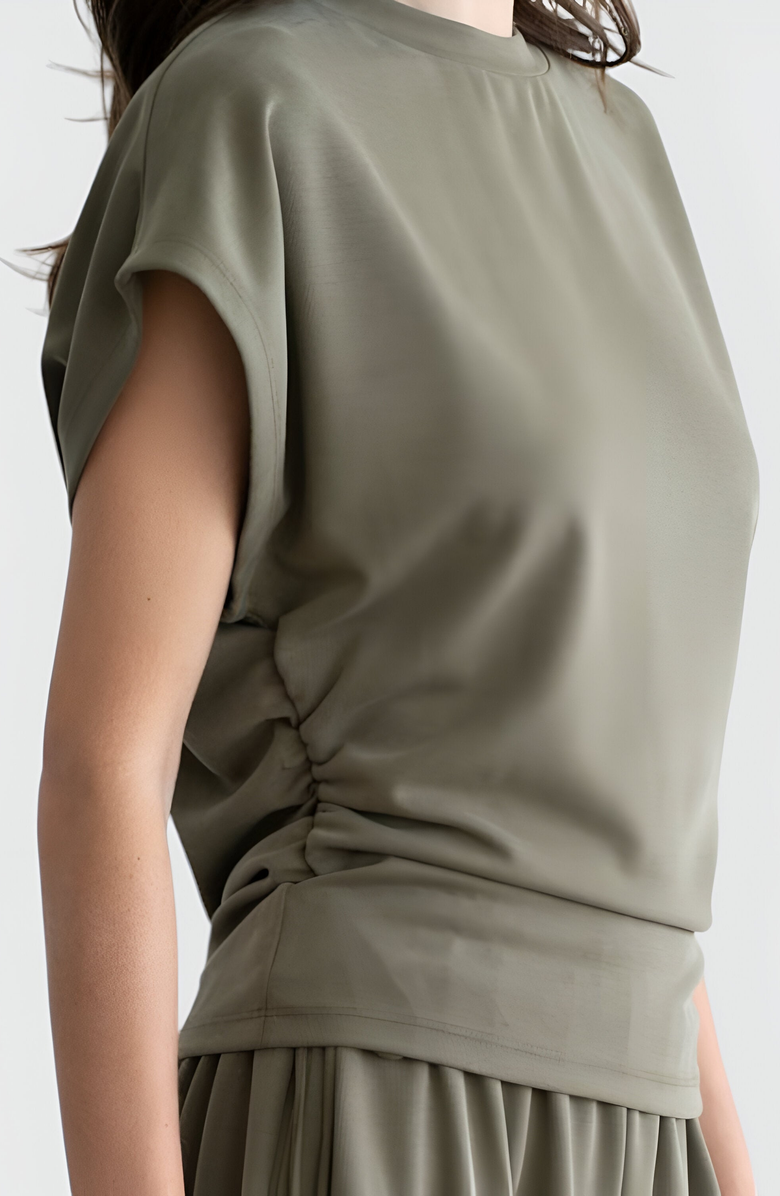 Modenaire Ruched Side Cap Sleeve Top with Cinched Waist and Relaxed Fit, Alternate, color,