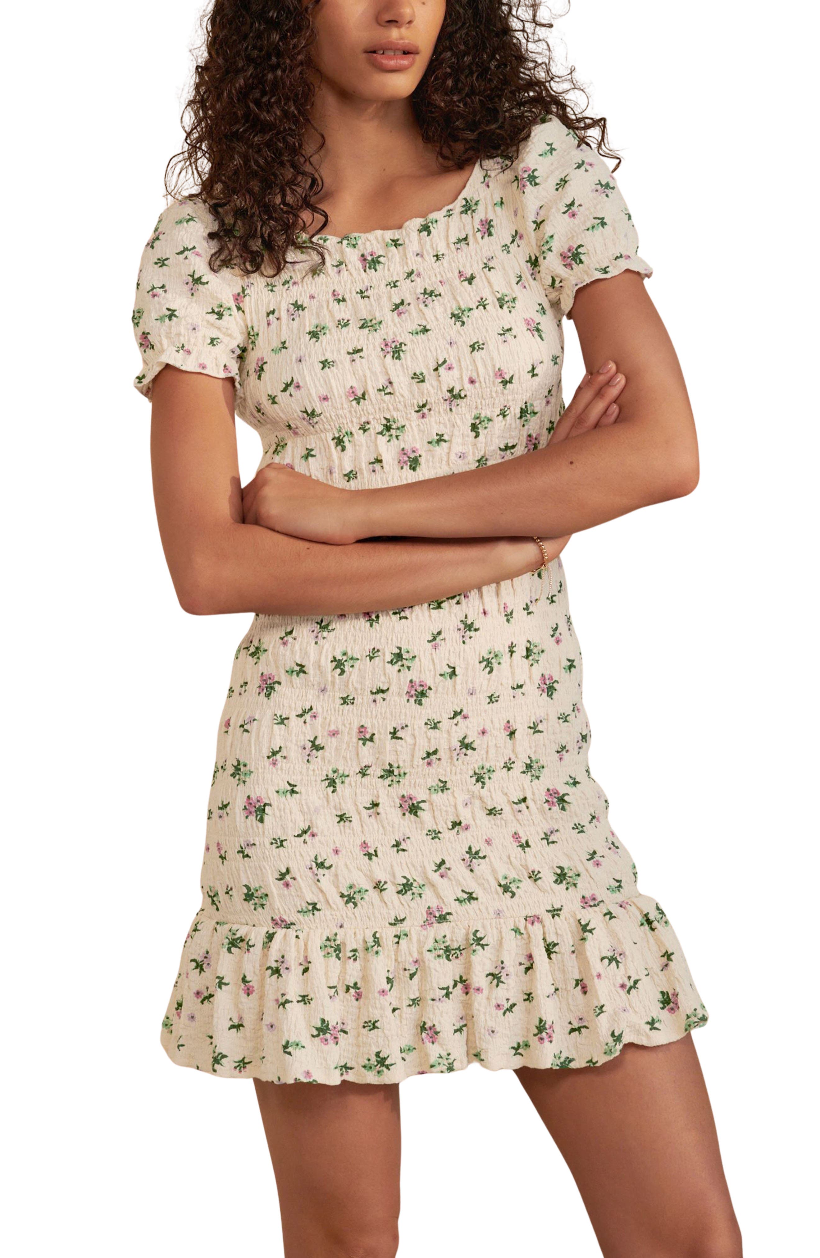 Ditsy Print Shirred Puff Sleeve Minidress
