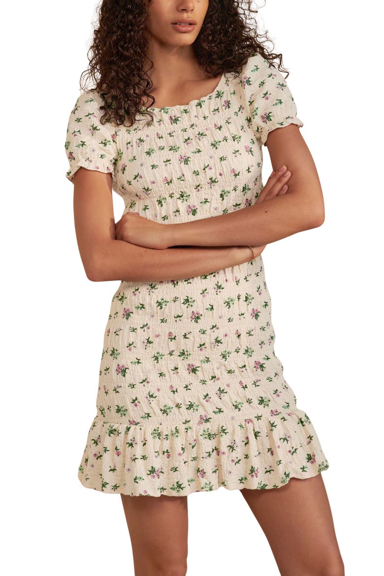 Ditsy Print Shirred Puff Sleeve Minidress, Main, color, IVORY FLORAL