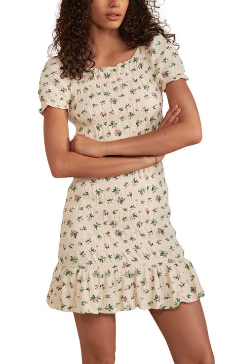 Ditsy Print Shirred Puff Sleeve Minidress