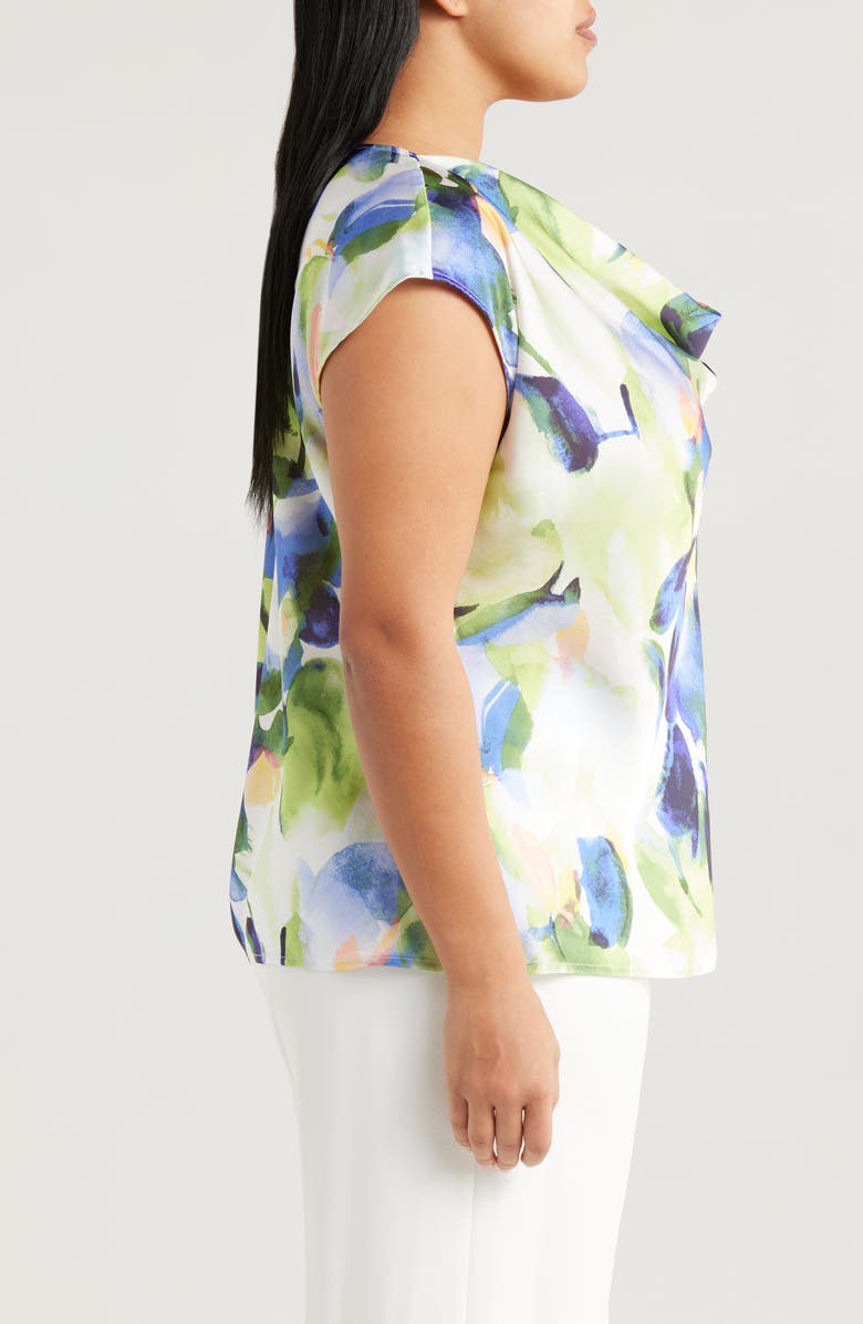 Tahari ASL Watercolor Cowl Neck Satin Top, Alternate, color, Fern Watercolor