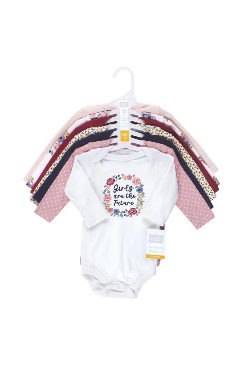 Soft Cotton Long-Sleeve Bodysuits 7-Piece Value Pack, Alternate, color, Girls World 7-Pack