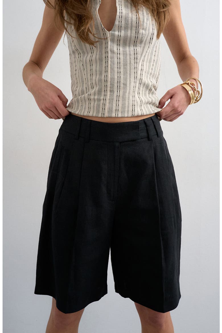 Ovoid Linen Blend Bermuda Shorts, Alternate, color, BLACK