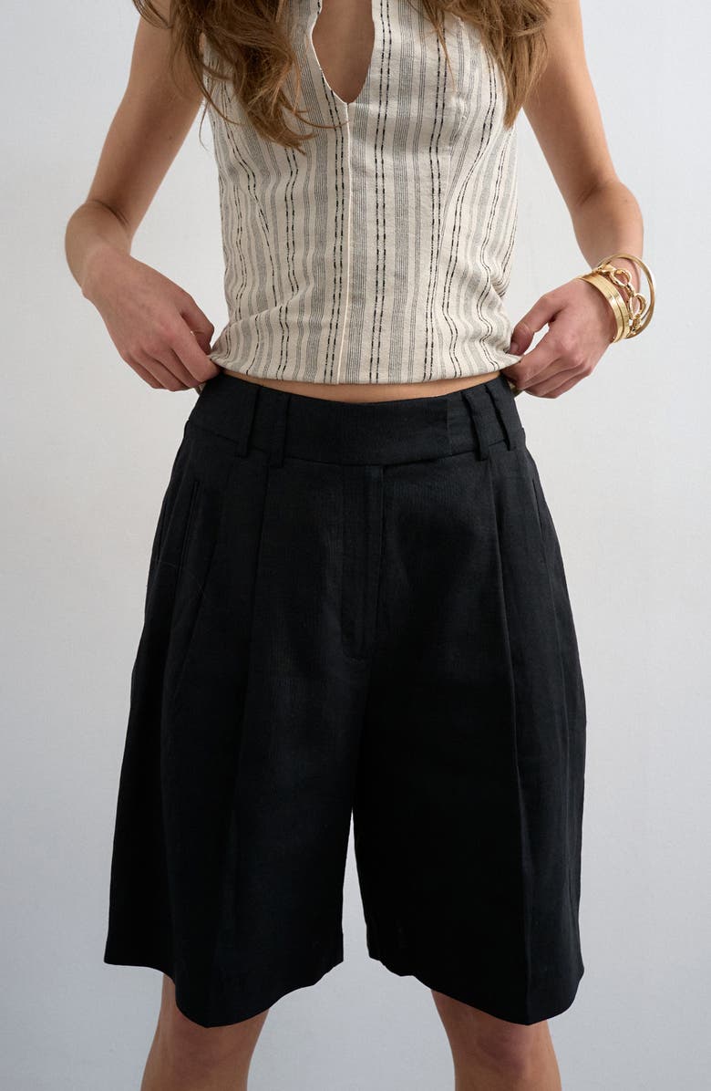 Topshop Ovoid Linen Blend Bermuda Shorts, Alternate, color, Black