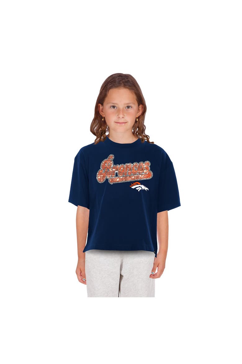 Girls Youth New Era  Navy Denver Broncos Flip Sequin Boxy T-Shirt, Main, color, Navy