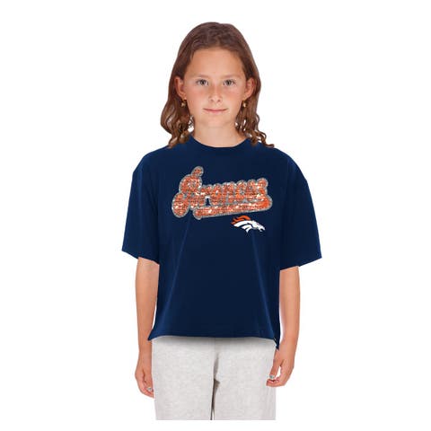 Girls Youth New Era  Navy Denver Broncos Flip Sequin Boxy T-Shirt