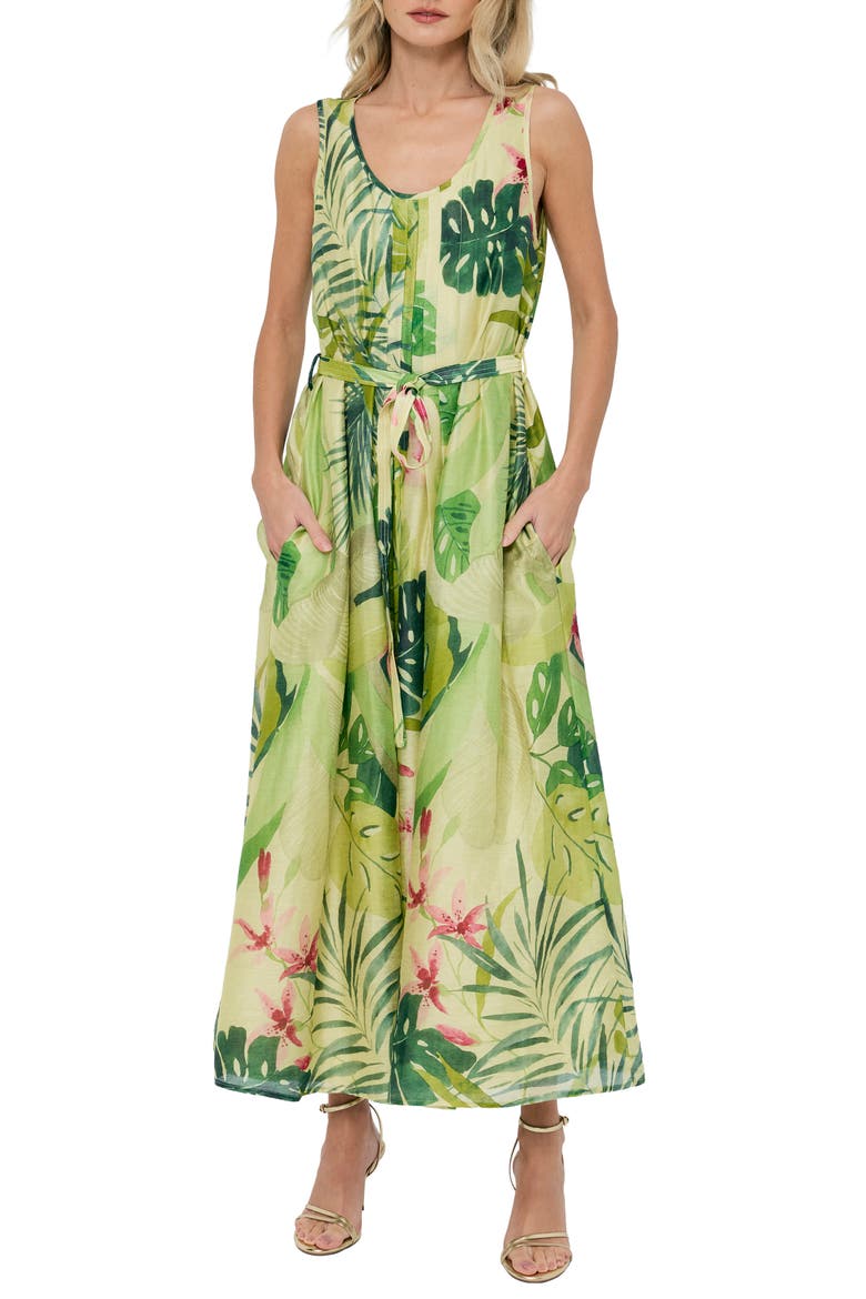 Rowena Tie Waist Midi Dress, Main, color, CITRON MULTI