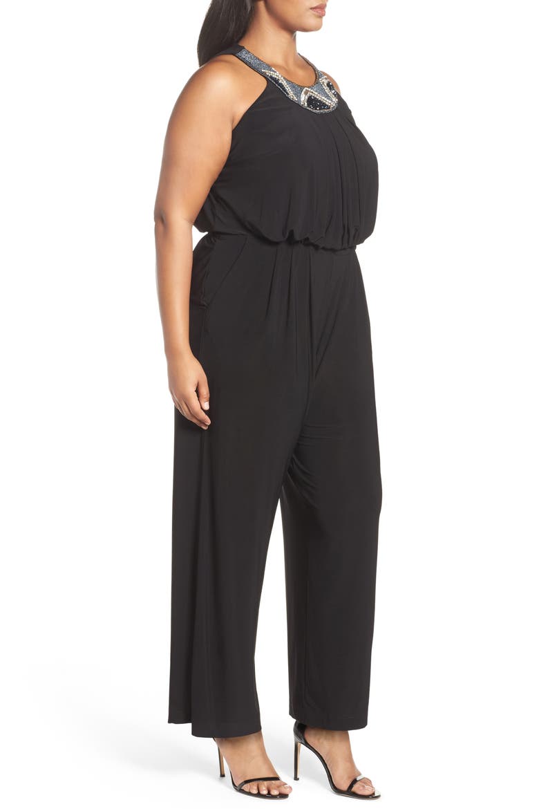 Embellished Wide Leg Jersey Jumpsuit, Alternate, color, BLACK