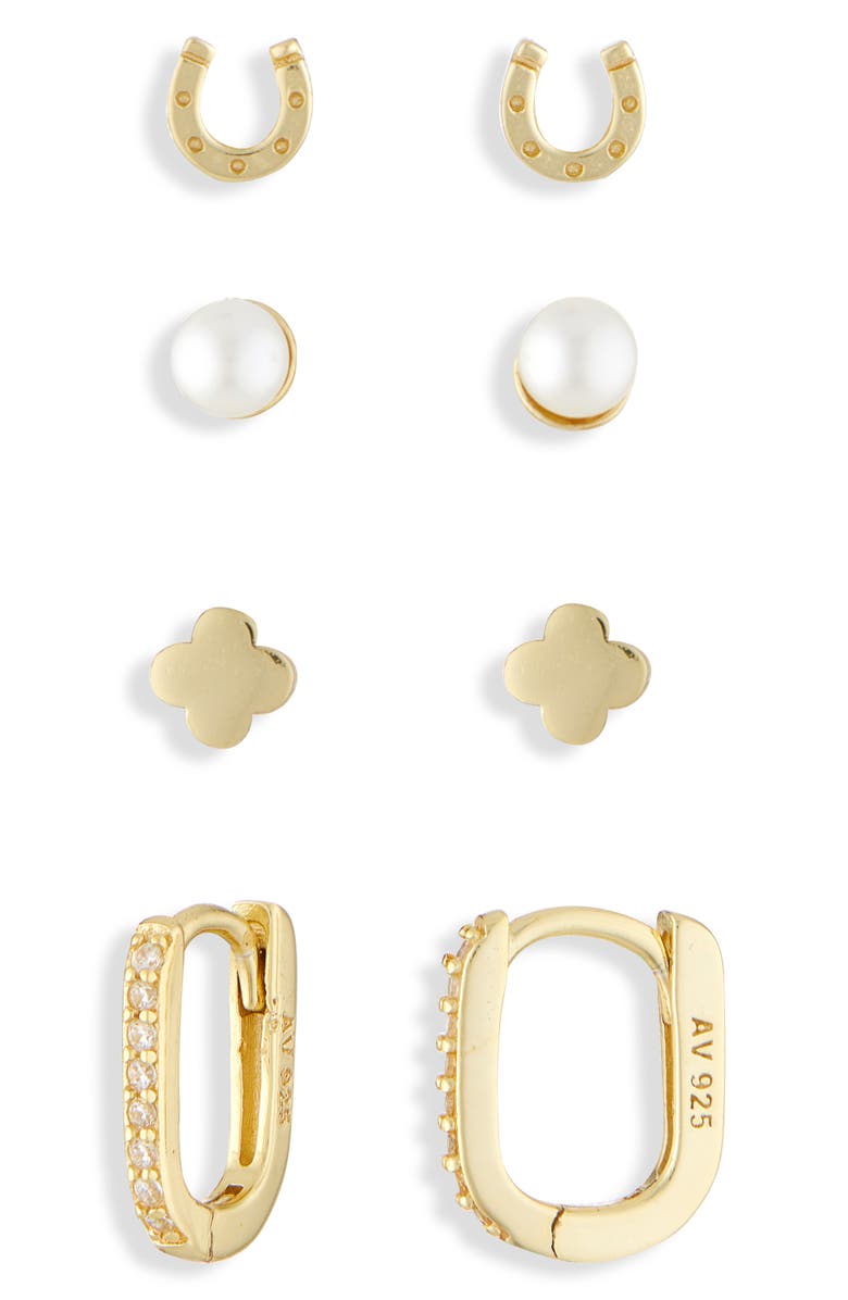 ARGENTO VIVO Pack of Four Luck Assorted Stud & Hoop Earrings, Alternate, color, Gold