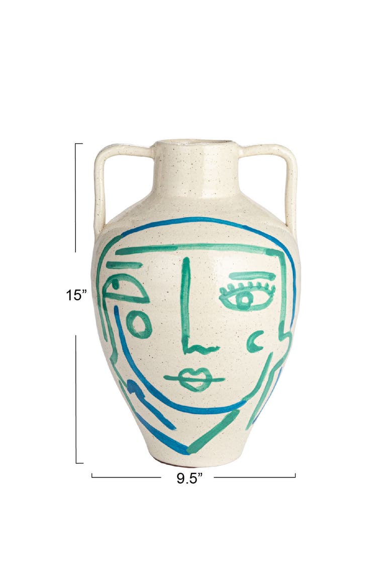 Hand-Painted Terra-cotta Vase with Abstract Face and Crackle Glaze, Alternate, color, Cream