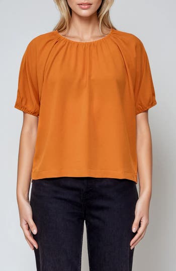 Melloday Puff Sleeve Crepe Top In Multi