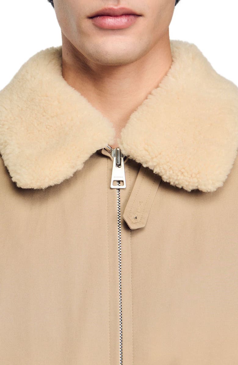 SANDRO Shearling collar aviator jacket, Alternate, color, Sand