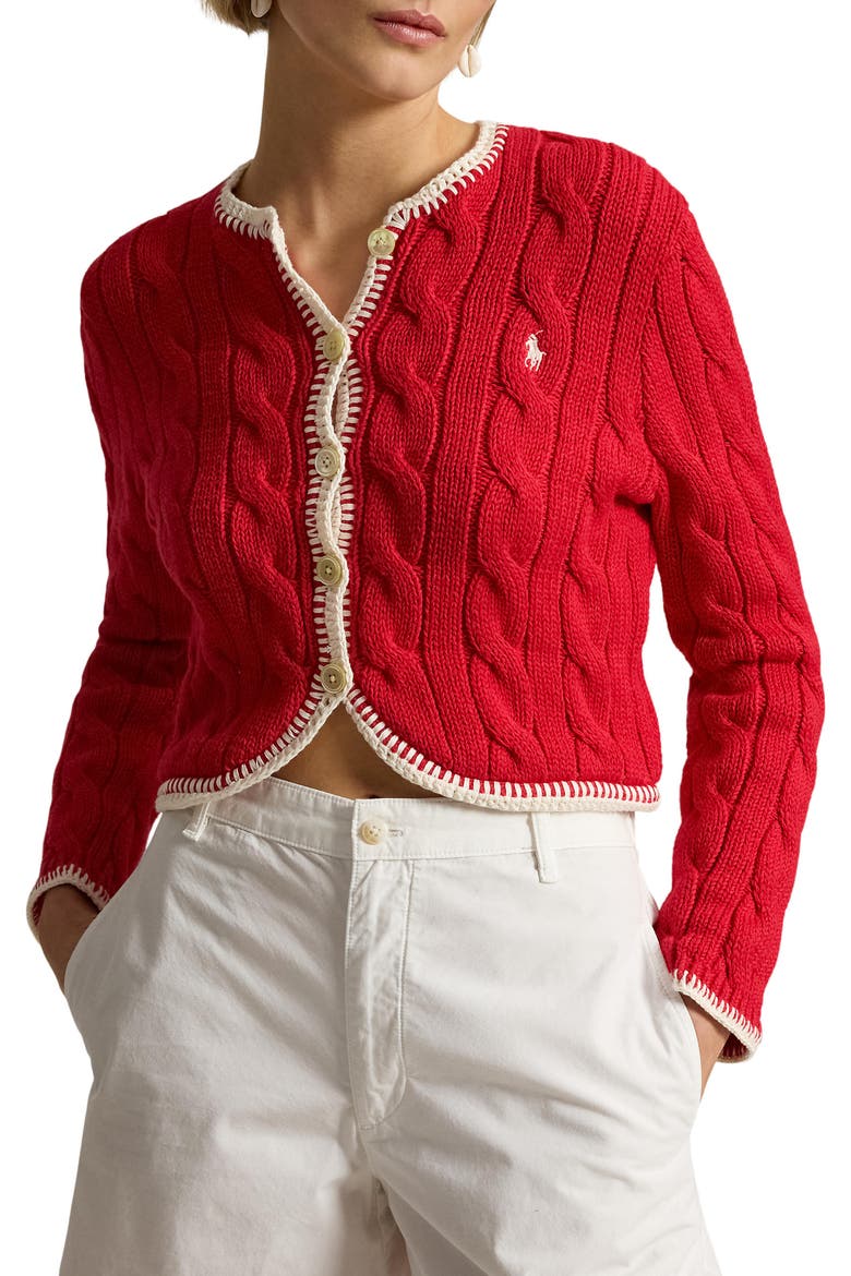 Whipstitch Trim Cable Stitch Cardigan, Main, color, CRUISE RED