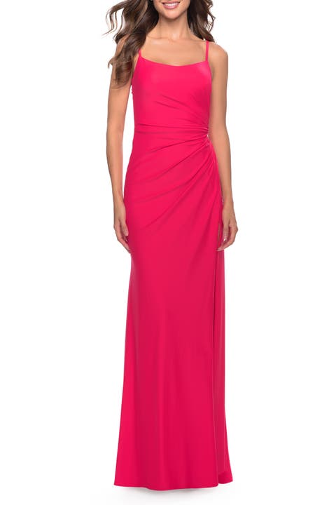 Elegant Jersey Dress with Ruching and Square Neckline in Neon