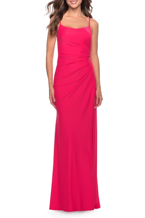 La Femme Elegant Jersey Dress With Ruching And Square Neckline In Hot Coral