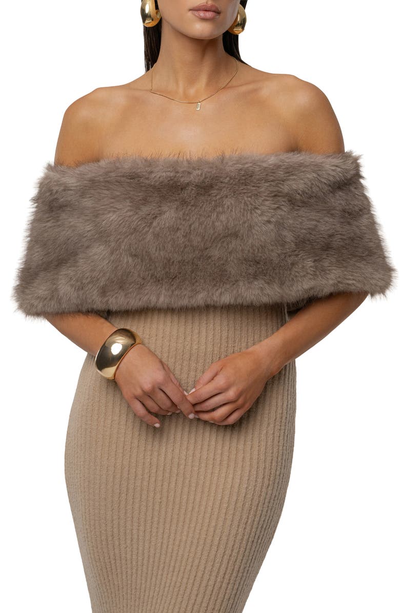 JLUXLABEL Aspen Hour Faux Fur Detail Off-the-Shoulder Rib Knit Dress, Alternate, color, Brown