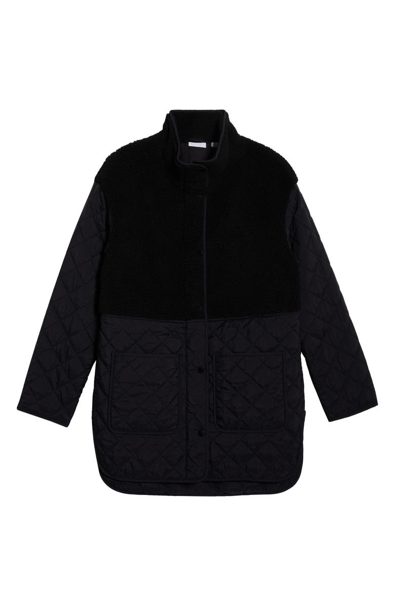 Zella Faux Shearling Trim Quilted Long Jacket, Alternate, color, Black