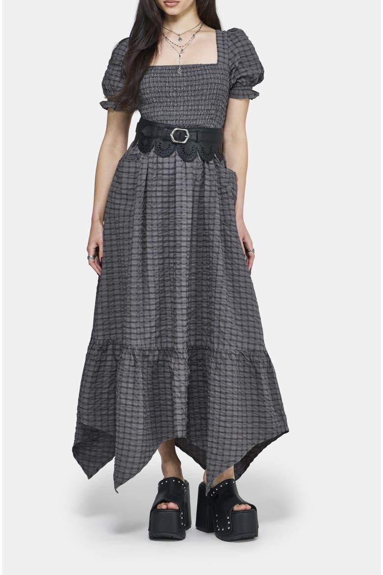 Nimira Check Handkerchief Hem Midi Dress, Main, color, Grey