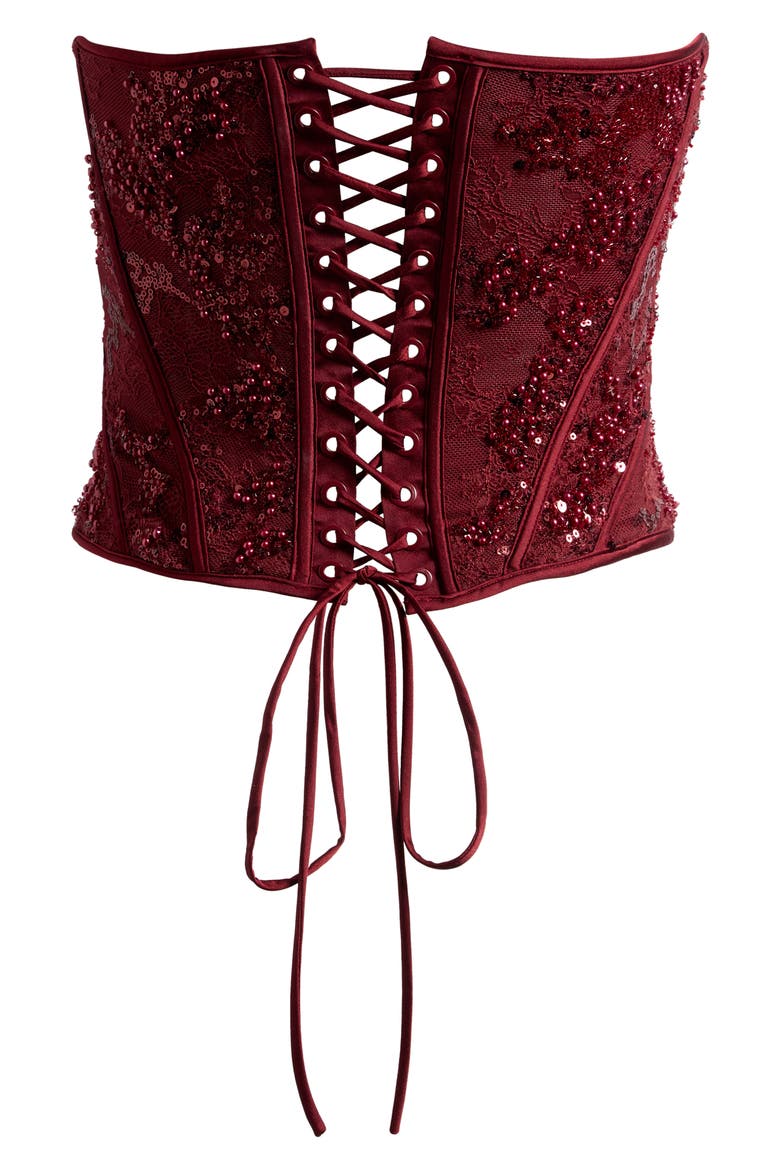 Calliope Embellished Lace Corset Top, Alternate, color, CABERNET