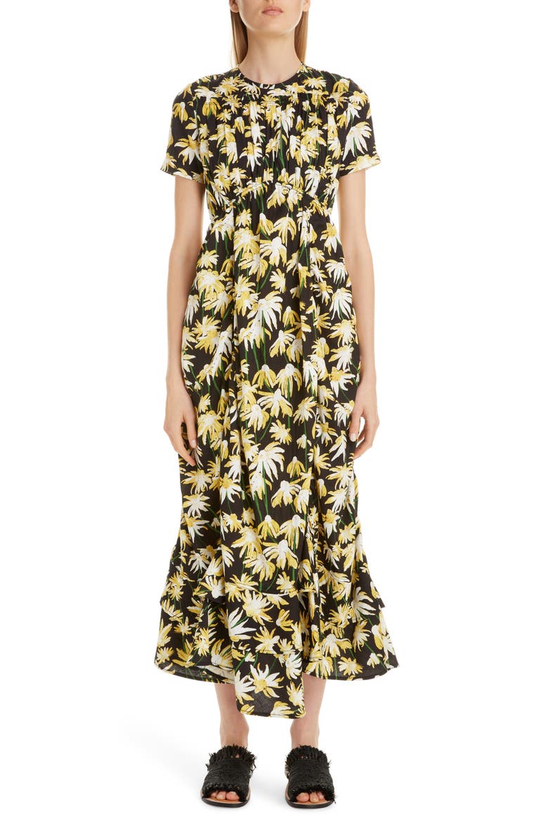 Daisy Print Gathered Cotton Midi Dress, Main, color, BLACK/ YELLOW
