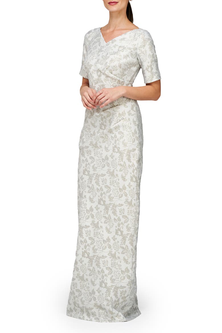 Valerie Metallic Floral Jacquard Column Gown, Alternate, color, SILVER MIST