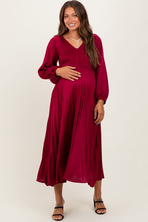Satin Smocked Pleated Midi Dress
