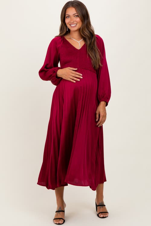 Pinkblush Satin Smocked Pleated Midi Dress In Burgundy