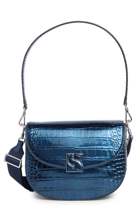 medium croc embossed leather saddle bag