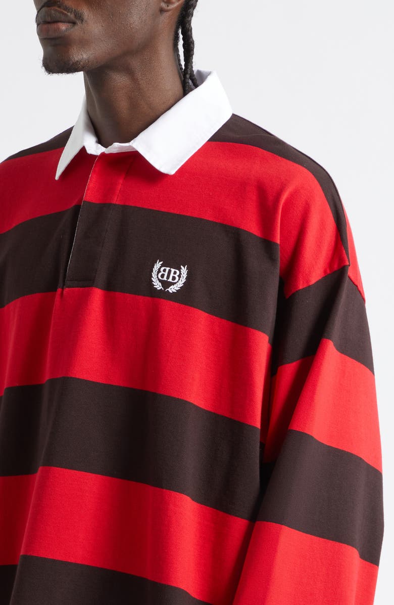 Balenciaga Laurel Embroidered Stripe Mixed Media Rugby Polo, Alternate, color, 1273 Dark Brown/ Red