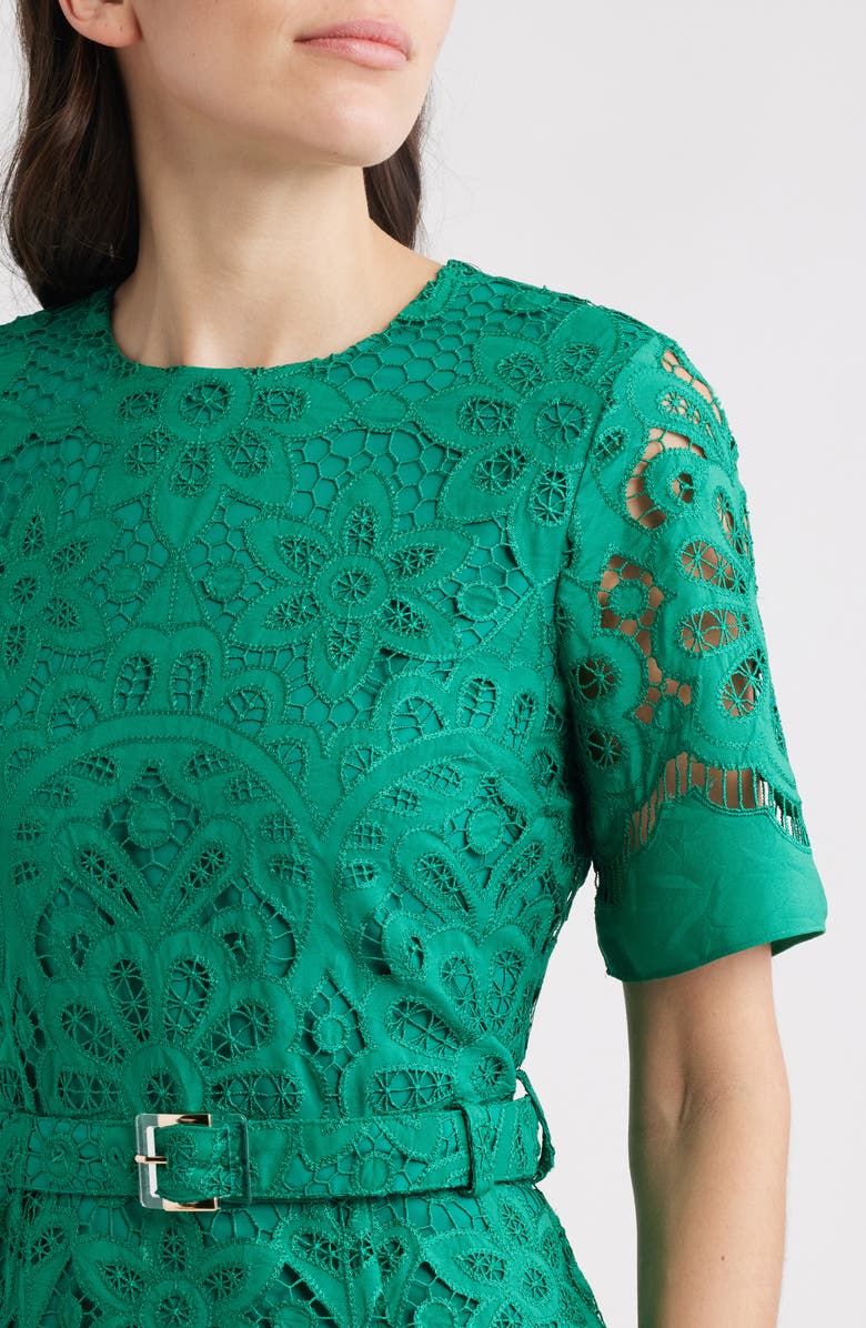 Elie Tahari The Gaia Belted Lace Midi Dress, Alternate, color, 