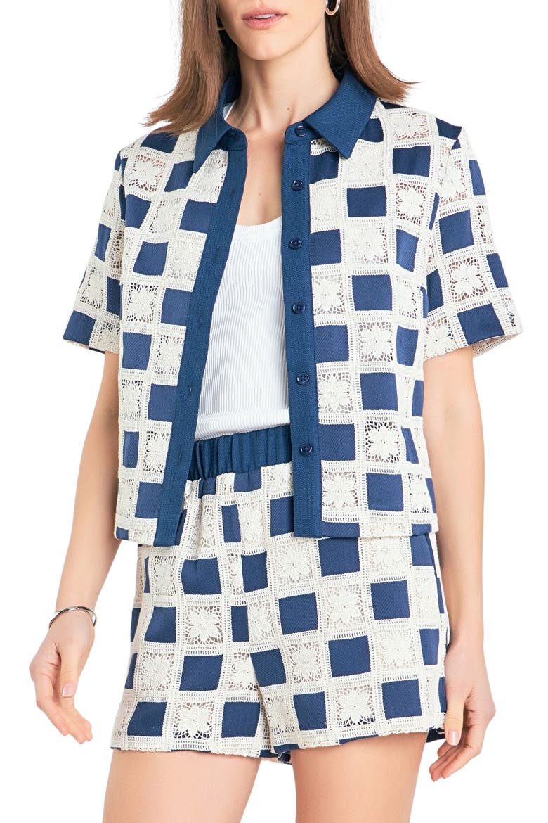 Crochet Lace Patchwork Short Sleeve Button-Up Shirt, Alternate, color, NAVY MULTI