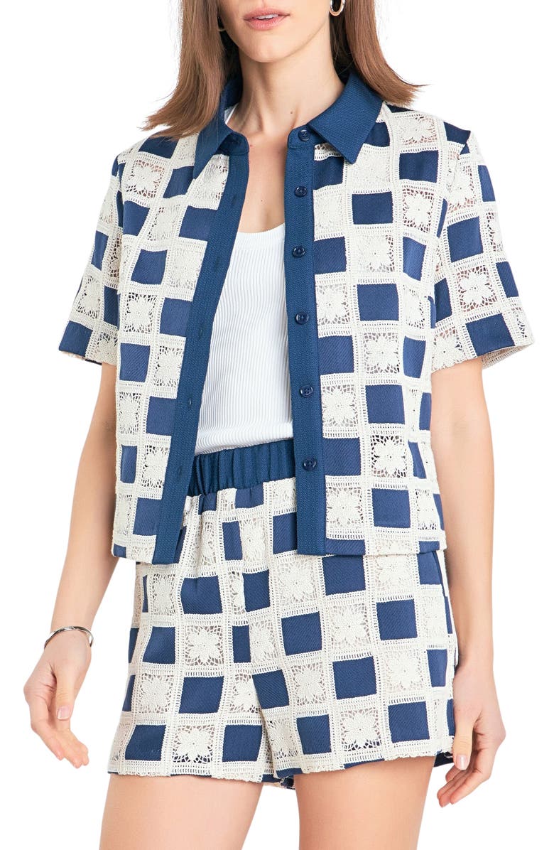 English Factory Crochet Lace Patchwork Short Sleeve Button-Up Shirt, Alternate, color, 