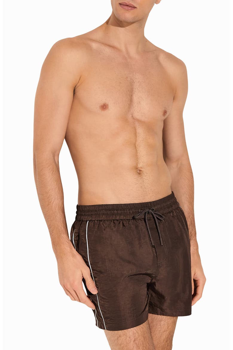 Breeze Piped Nylon Swim Trunks, Main, color, CHOCOLATE BROWN